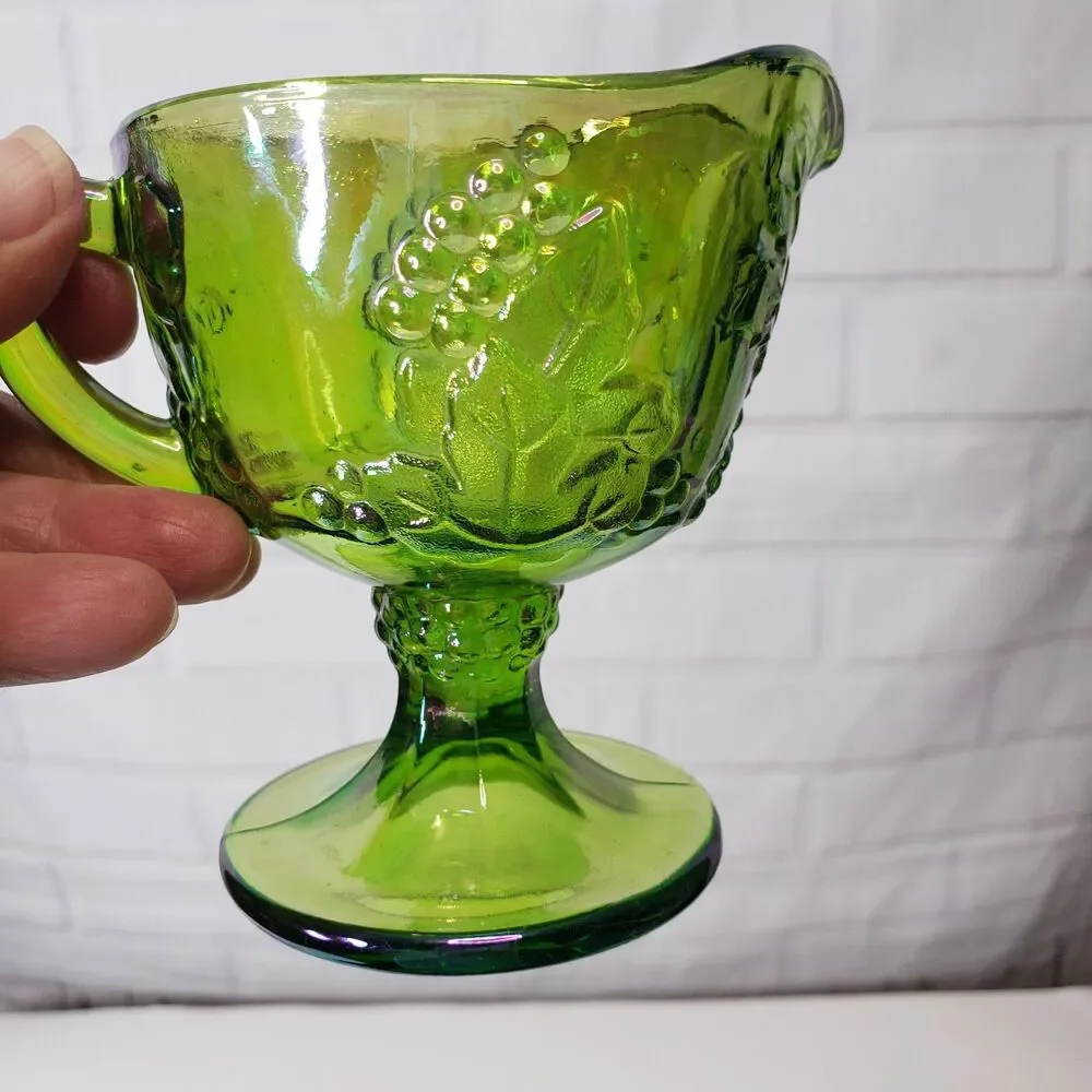 Vintage Indiana Glass Harvest Grape Lime Green Carnival Creamer & Sugar Set